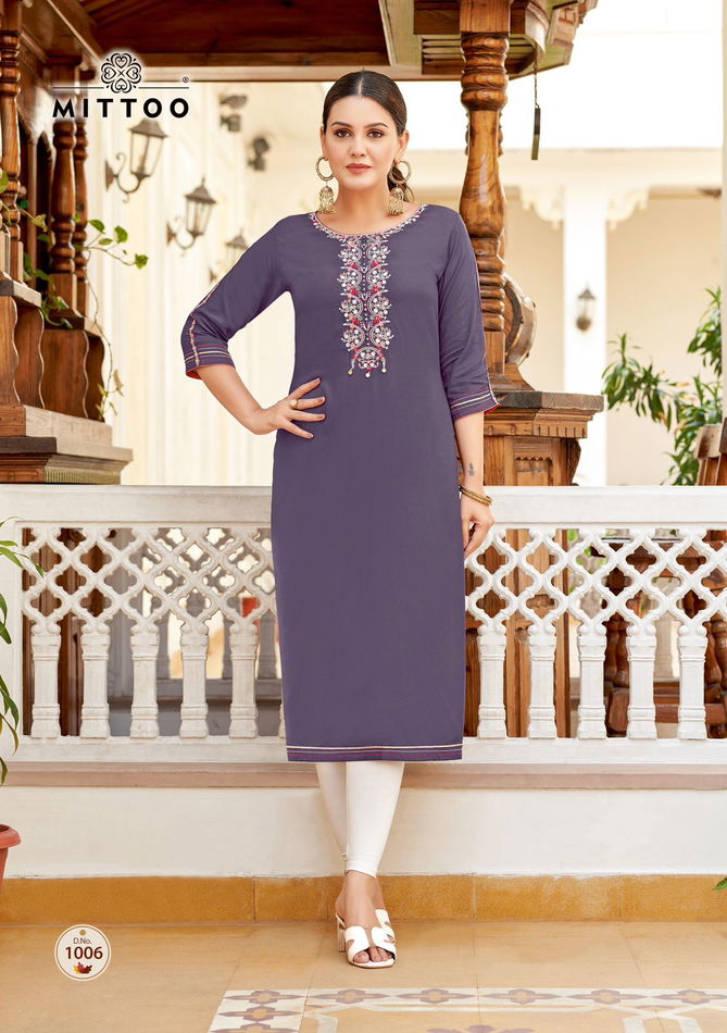 Riona By Mittoo Rayon Designer Kurtis Wholesale Price In Surat
